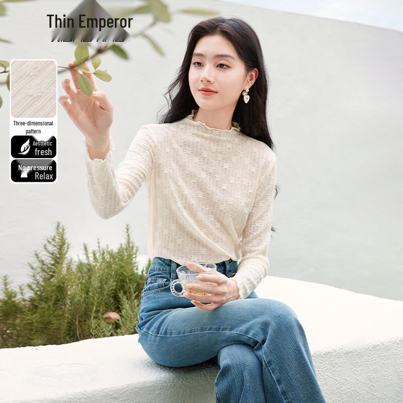 Xiangying Women s Ruffled Lace Mesh Long Sleeve Top M