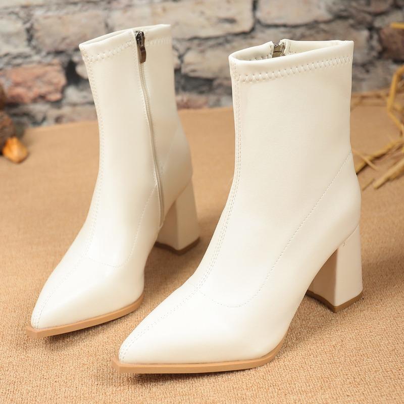 High Heel Skinny Boots Women's Autumn New Pointed Toe Rear Zipper Anti-Slip Wear-Resistant Block Heel Short Boots