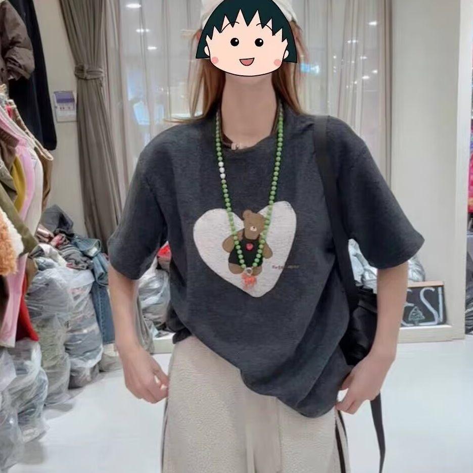 

Korean Style Plush Heart and Bear Print Loose T-shirt - Women s Casual Spring Layer One Size