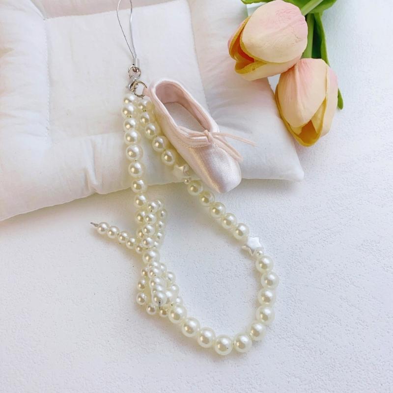 Fashionable Ballet Shoe Keychain Charm with Pearls Ribbon Designs Lovely and Stylish Accessory Portable for Girls