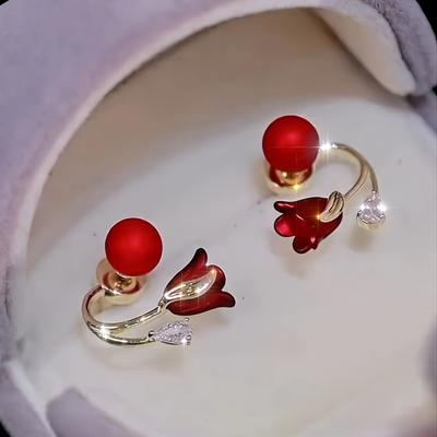 Kırmızı Çiçek Sahte İnci Küpeler Kadınlar İçin Yeni Yıl Küpeleri Parti Hediyeleri