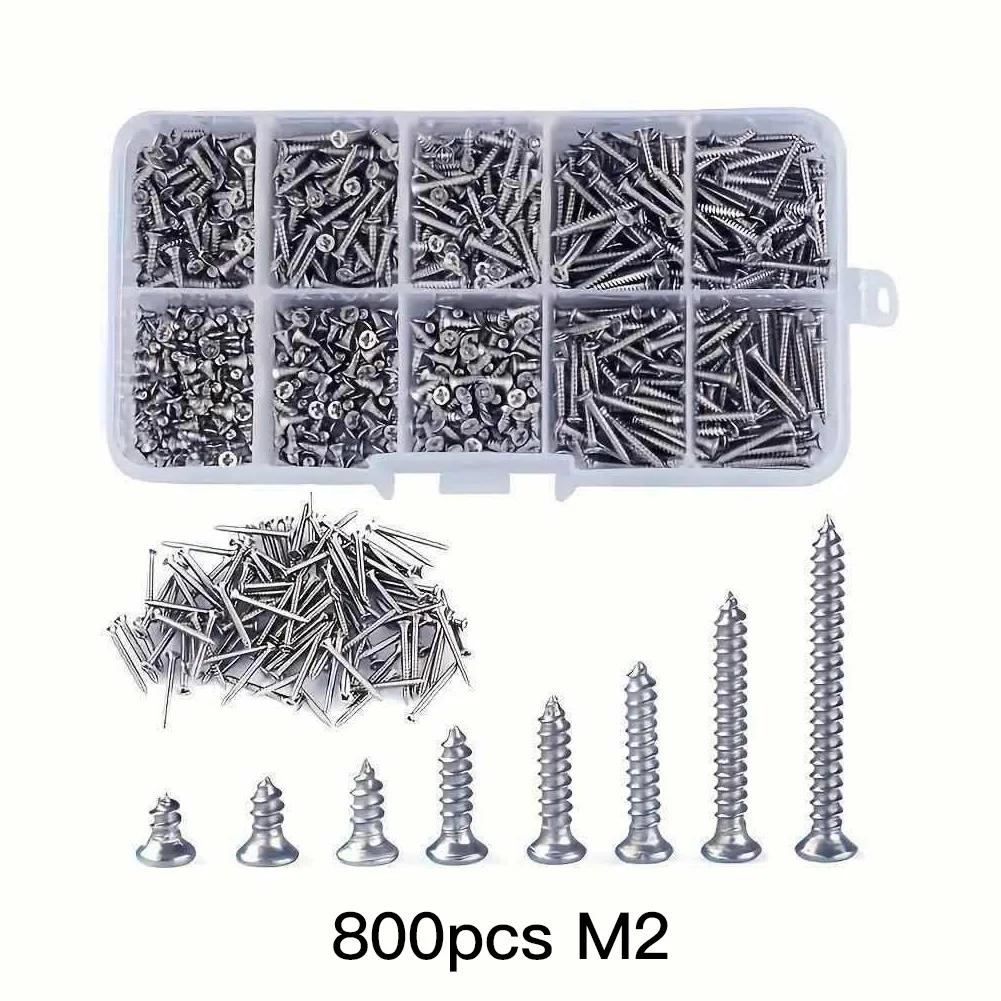 

800Pcs M2 Cross Flat Countersunk Head Self Tapping Screw Assortment Kit Wood Thread Nail Screw Sets DIY for Electronics Repair