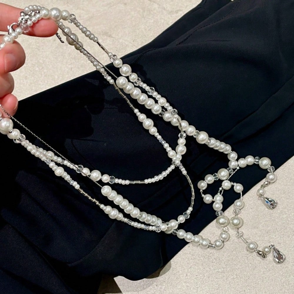 Retro Multi-layer Pearl Fringed Necklace, Long Stacked Neck Chain, Retro Gypsy Water Drop Sweater Chain