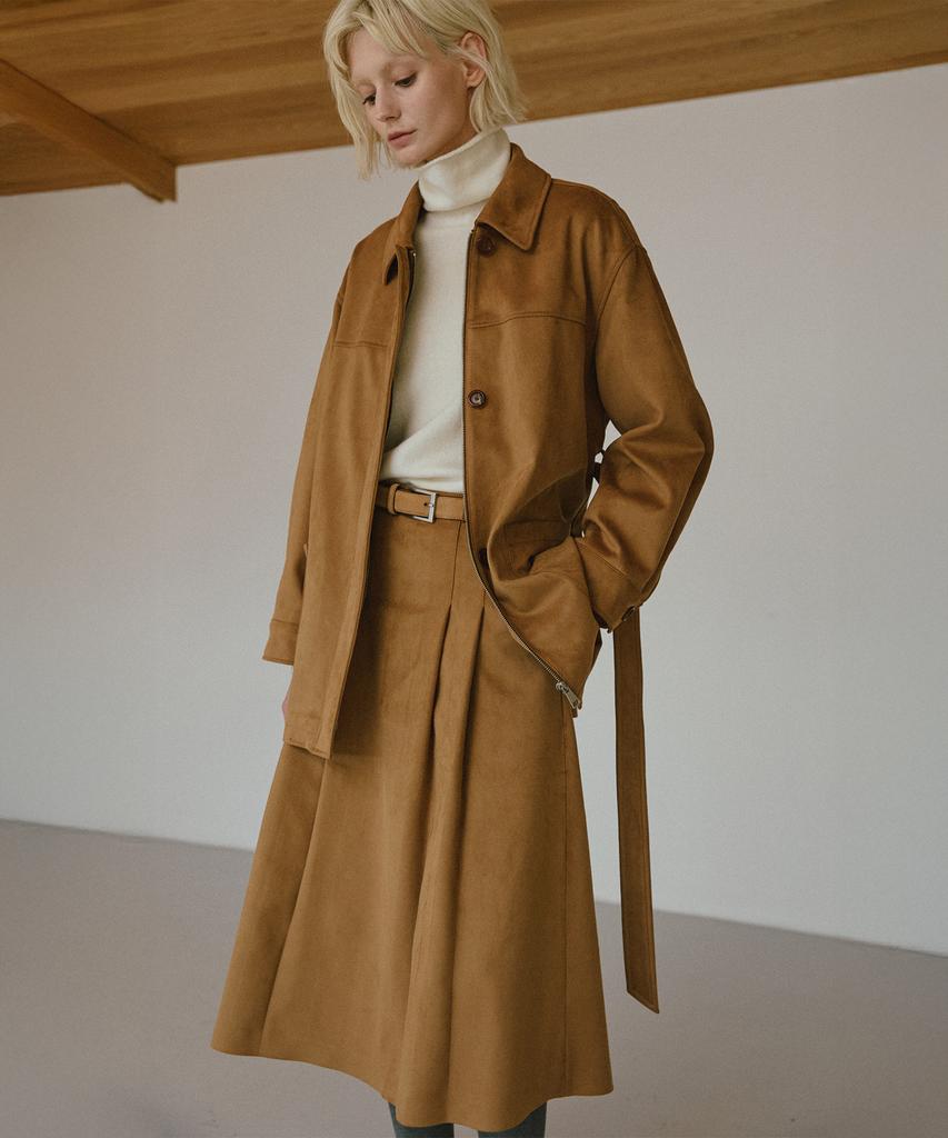 Left Seoul Synthetic Suede Flare Long Skirt [Camel]