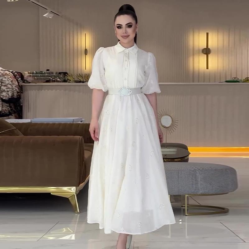 2024 Sommer Dame Ensfarget Puffermer Midjeknyttet Elegant Lang Kjole