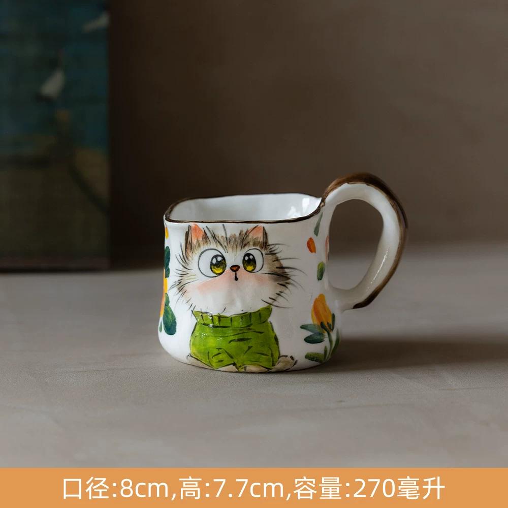 Cute Cat Ceramic Mug,Vintage Hand-Painted Ceramic Mug, Retro Floral Coffee Cup, Handmade Art Teacup for Home Office