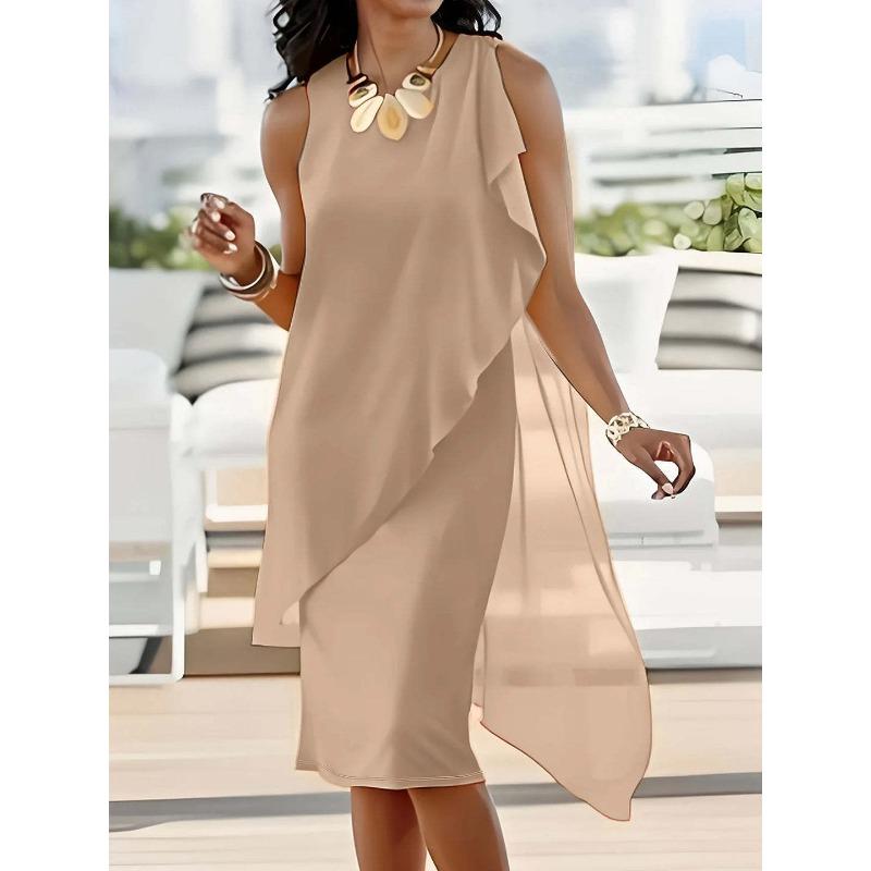 

DAFIFY Женская мода Лето Весна Однотонный принт Без рукавов Круглый вырез Свободная талия Повседневные платья M хаки