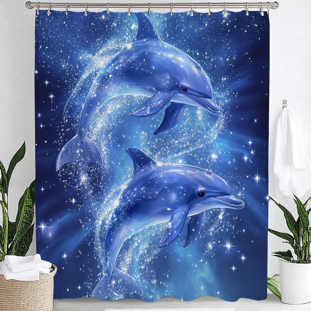 1pc Underwater World Blue Ocean Dolphin Cartoon Print Waterproof Shower Curtain Partition Privacy Hanging Curtain with 12 Hooks