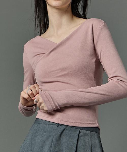 Sitipabjeu [Cp] Drape V-Neck Off-Shoulder Long Sleeve Tee [Pink] Inner Ver.