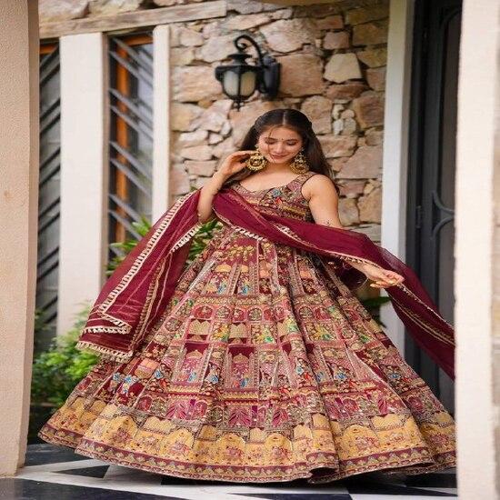 Maroon Multi-Print Traditional Lehenga Set with Dupatta