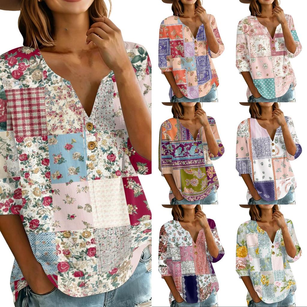 Women’s Casual Floral Print Henley Neck Button Down Cotton Linen Shirt with Three Quarter Sleeves Relaxed Fit Blouse Top