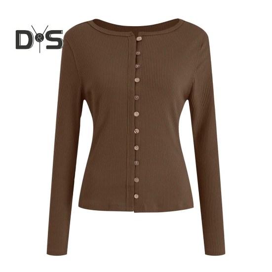 Женские трикотажные топы с круглым вырезом и длинным рукавом — фото 17