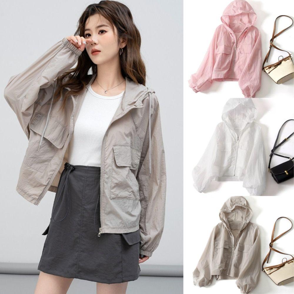 Solid Color Thin Sunscreen Clothing Anti UV Sun-Protective Leisure Hooded Outwear Quick Dry Loose Windbreaker Summer