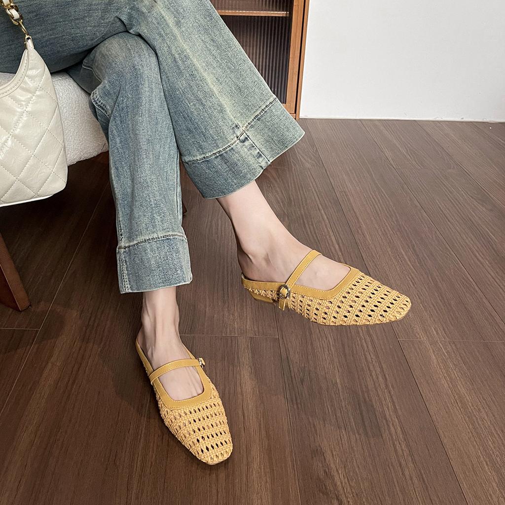 Hollow woven bag head half slippers women's summer wear is beautiful, not tired feet thick heel sandals