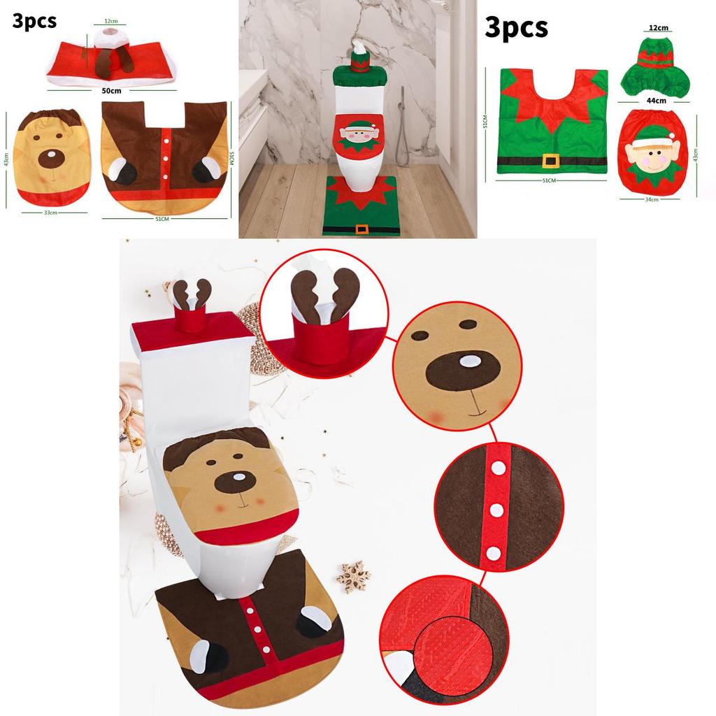 Christmas Elf Toilet Cover Set With Reindeer Santa Fabric For Holiday Decor