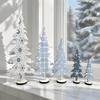 Staggered Tree Set Decorations 5Pcs Wooden Christmas Ornaments, Nordic Style Blue And White Snowflake Pattern Tabletop Trees Plaid/Snowflake/Polka Dot