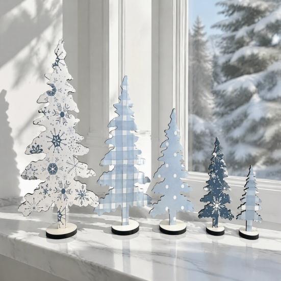 Staggered Tree Set Decorations 5Pcs Wooden Christmas Ornaments, Nordic Style Blue And White Snowflake Pattern Tabletop Trees Plaid/Snowflake/Polka Dot