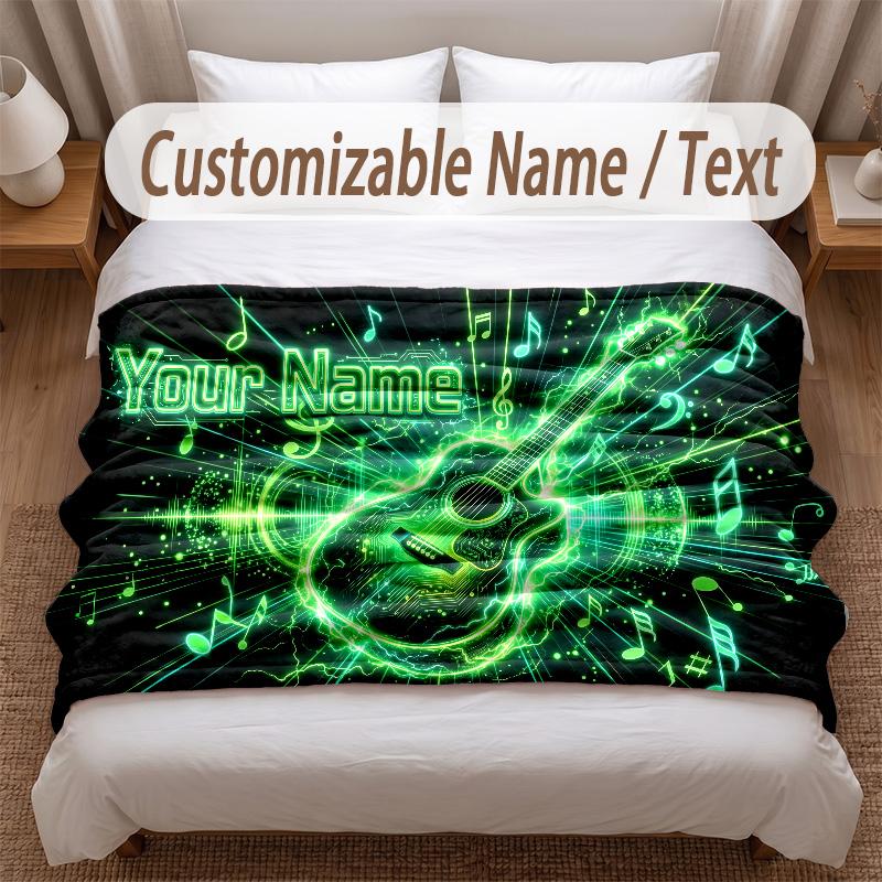 Music Guitar Theme Soft Blanket Personalized Custom Name Text Print Warm Blanket Home Sofa Bedroom Decor