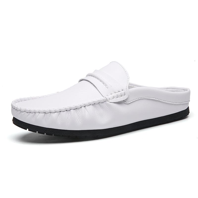 Summer Men'S Half Slippers Leather Slip On Shoes Lightweight Male Flats Casual Mules Moccasins Breathable Open-Back Loafers