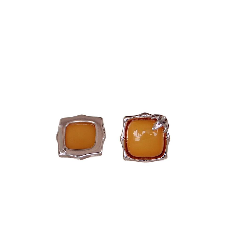 Exquisite S925 Sterling Silver Old Amber Wax Bread Block Ring Stud Earrings