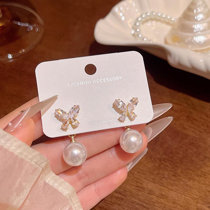 2025 Trendy Korean Micro-Inlaid Zircon Bow Earrings with S925 Silver Needle and Pearl for Women