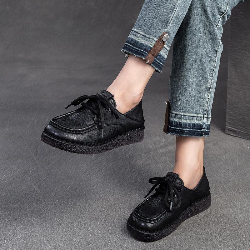 Fashion GKTINOO Women Loafers Spring Genuine Leather Comfort Flat Mother Shoes Lace Up Footwear Fashion Female Footwear Zapatos De Mujer