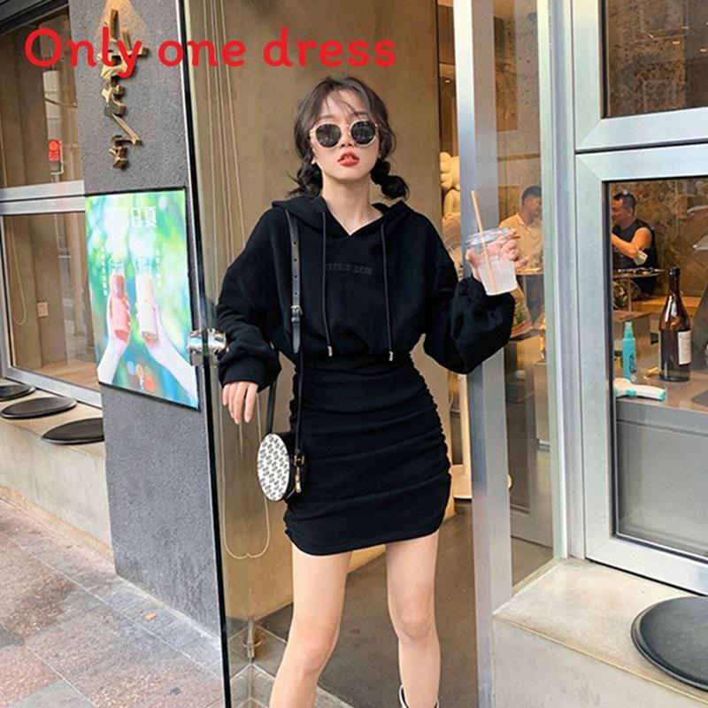 Korean Casual Hoodie Dress With Wrinkled Pencil Skirt Style For Autumn Women