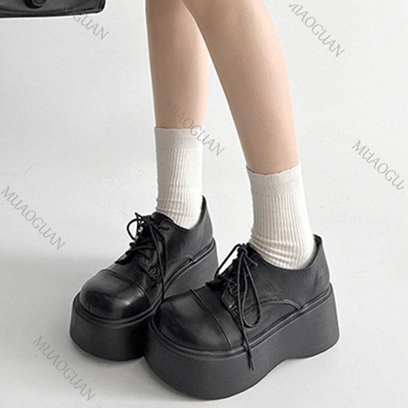 Fashion Retro Lace-Up Thick Bottom Leather Shoes Women's Autumn New Style College Style Black Platform Pumps JK Flat Bottom Loafers