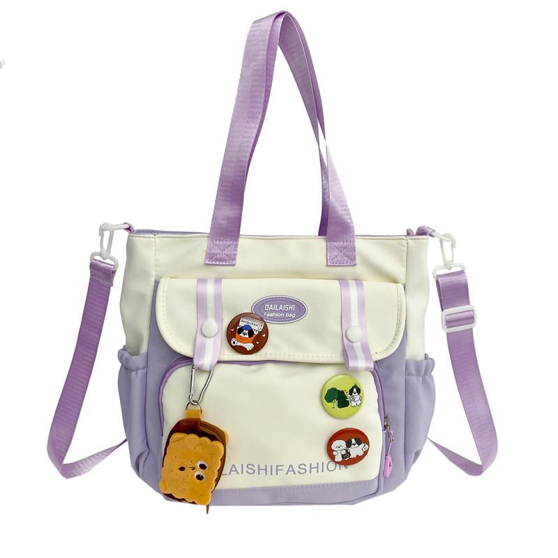 Oxford Shoulder Bag Cute Tote Bag Cartoon Handbag & Purse Pendant Badge Decor Crossbody Bags For Women