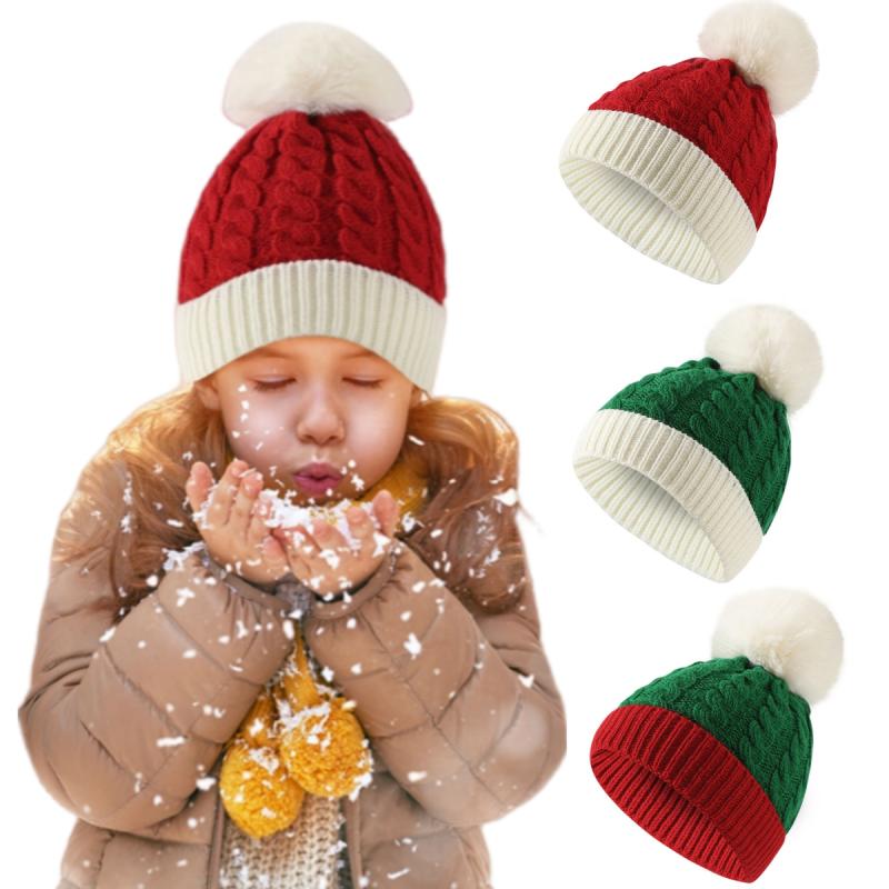 Bonnet de Noël mignon en laine pour l'automne et l'hiver, bonnet tricoté chaud avec protection des oreilles et pompon en laine, met en valeur le petit visage, ambiance festive, bonnet bandeau