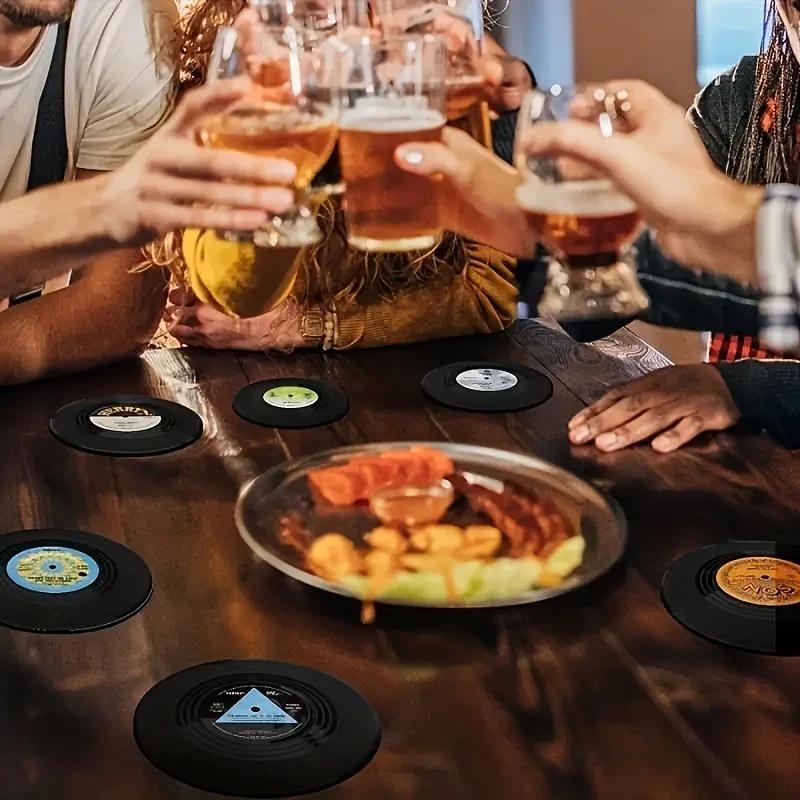 6/12 Stück Vintage Tassenuntersetzer Bunte Retro Schallplatten-Untersetzer Runde Untersetzer Couchtisch-Dekor Wärmeisolierender Untersetzer