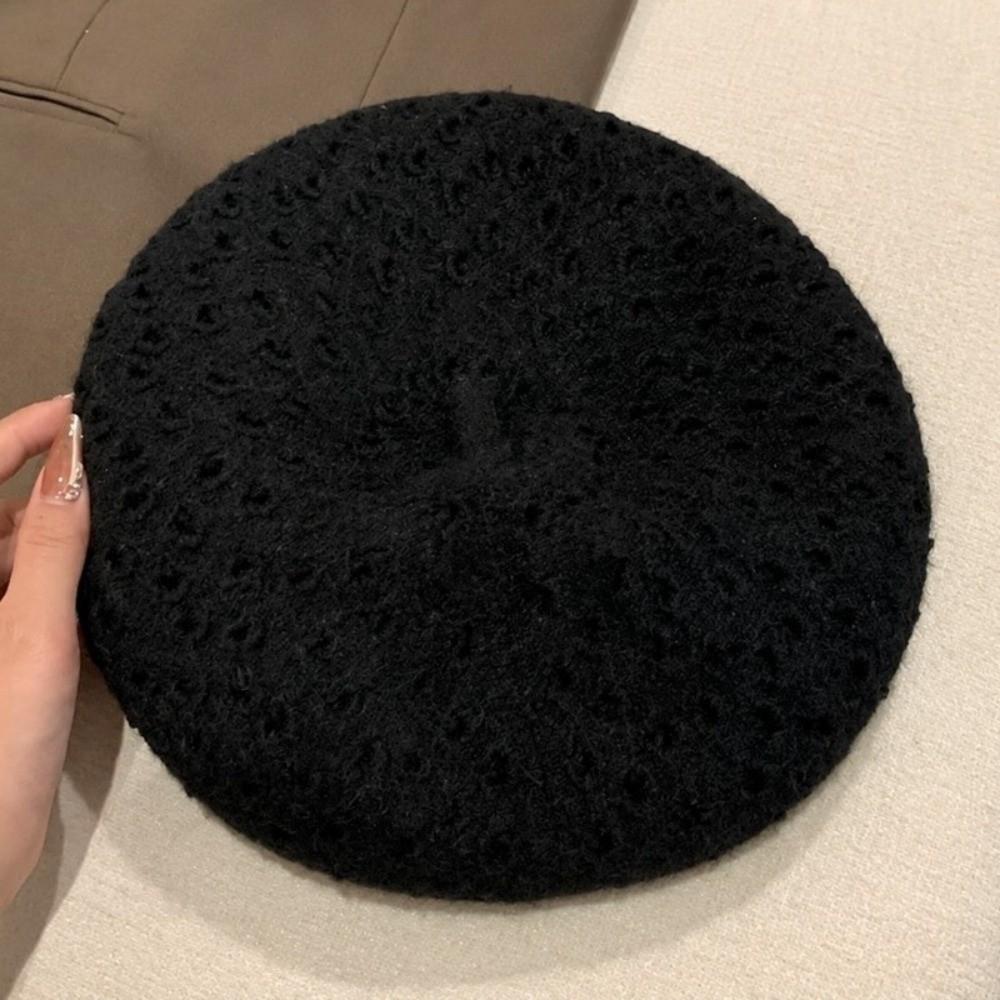 Solid Color Beret Hat Hollow Out Hollow Out Hat Stylish Double Layer Beret Autumn Winter