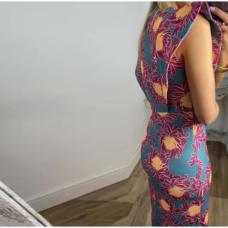 Kadın 2025 ilkbahar/yaz yeni mizaç bel baskılı uzun elbise