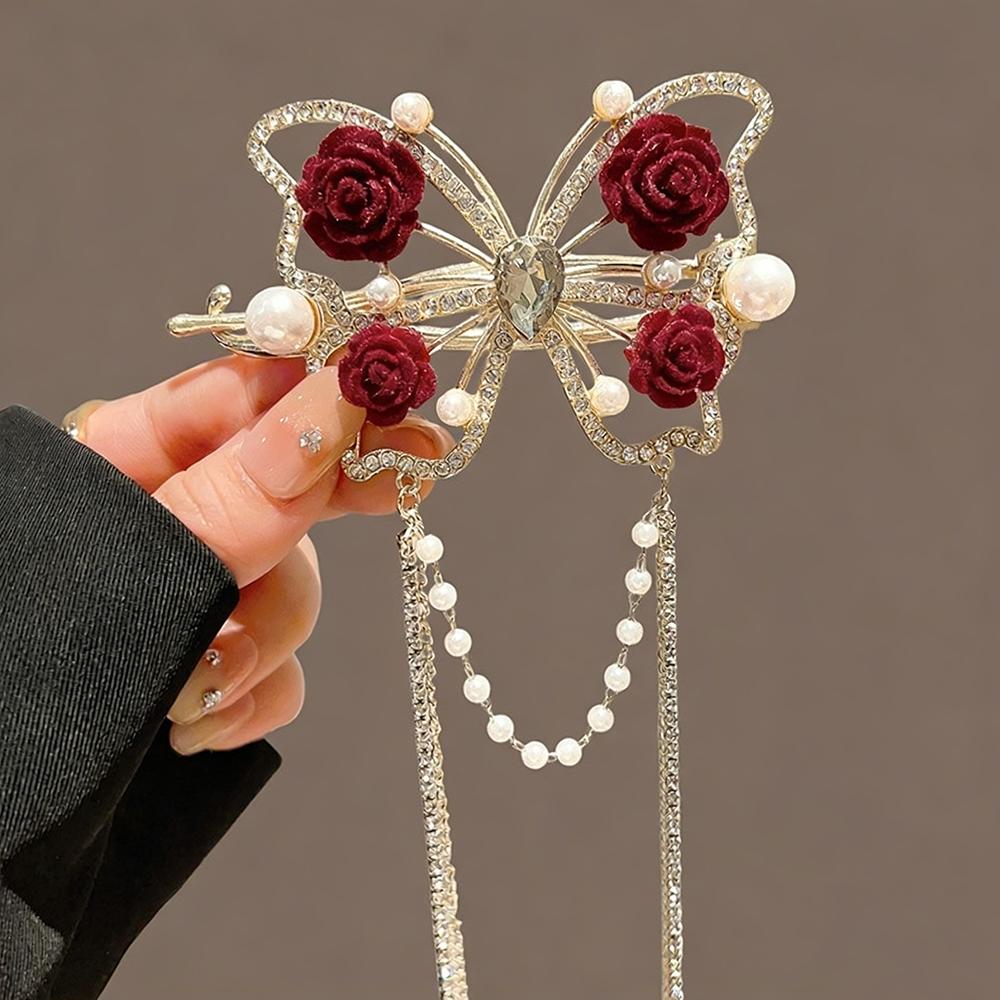 Elegant Butterfly Tassel Hair Stick with Rhinestone Pearl Detail Flower/Velvet Rose Design Retro Chinese Style Women's Accessory