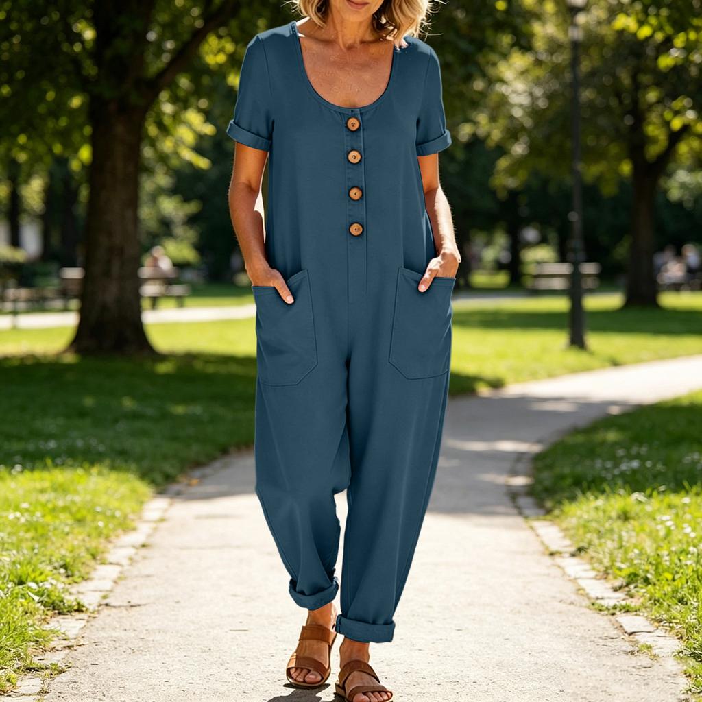 Women's Color Casual Short Sleeved Loose Pocket Overalls Long Jumpsuit