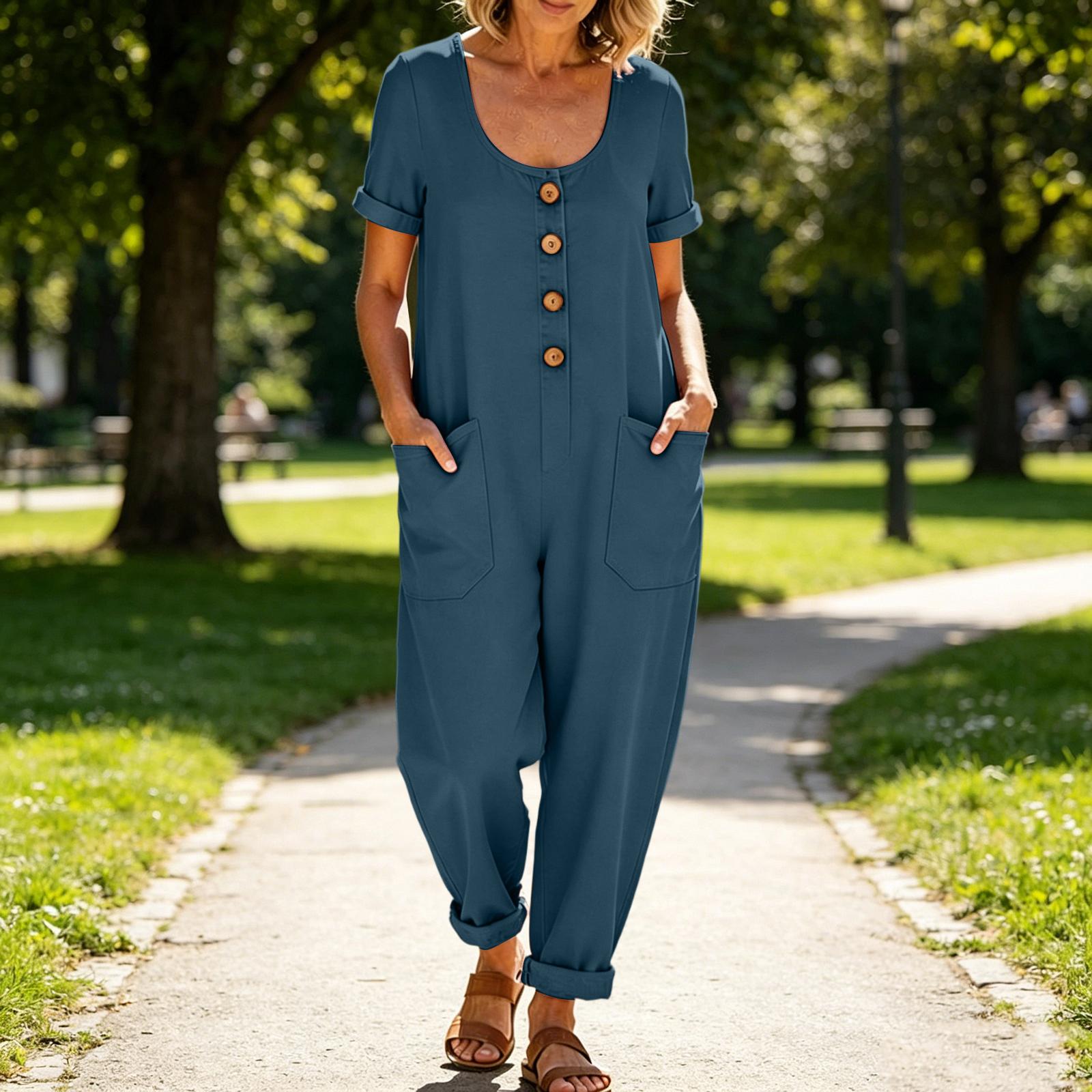 

Women’s Casual Short Sleeve Loose Fit Overalls with Pockets Button Front Long Jumpsuit Relaxed Fit Romper for Everyday Wear XXL синій
