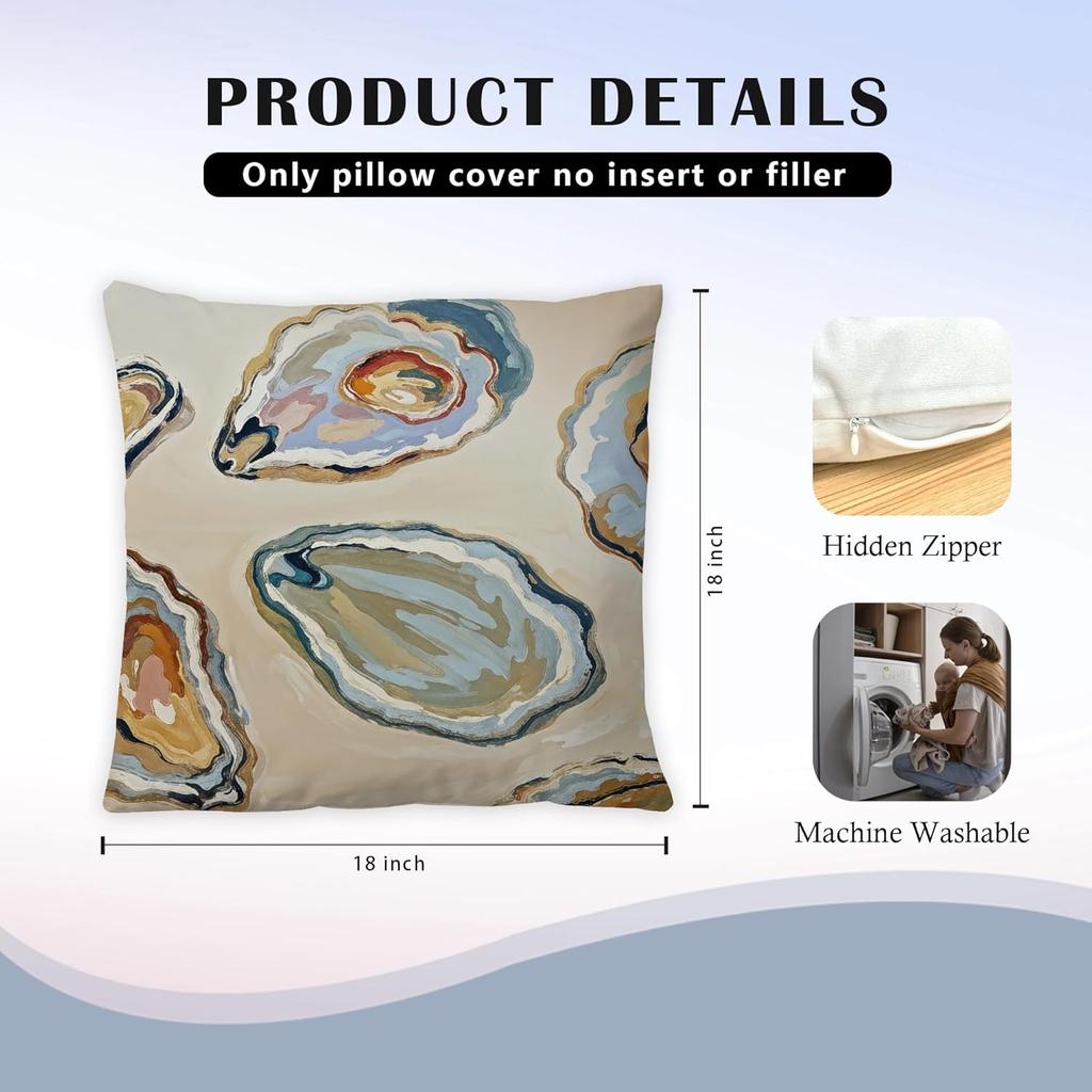 Abstract Oyster Coastal Beach Pillow Covers 18x18 Set of 2, Beachy Room Decor Aesthetic, Retro Coastal Ocean Oyster Shell Decorative Lumbar Pillow