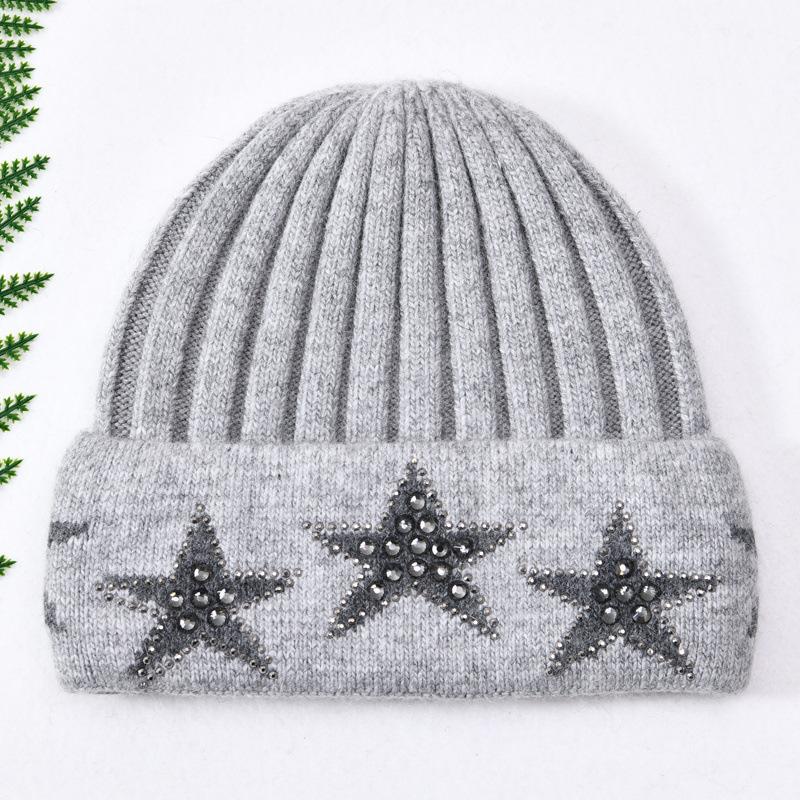 Versatile five-pointed star rabbit plush wool hat with drill outdoor autumn and winter fashion knitted hat warm ear protection windproof