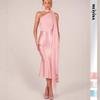 Women's Halter Sleeveless Midi Dress Slim Fit Mid Rise Elegant Satin Bodycon Dress Solid Flowing Sash Party Gown