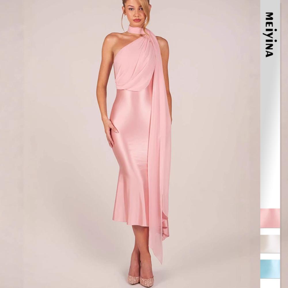 Women's Halter Sleeveless Midi Dress Slim Fit Mid Rise Elegant Satin Bodycon Dress Solid Flowing Sash Party Gown