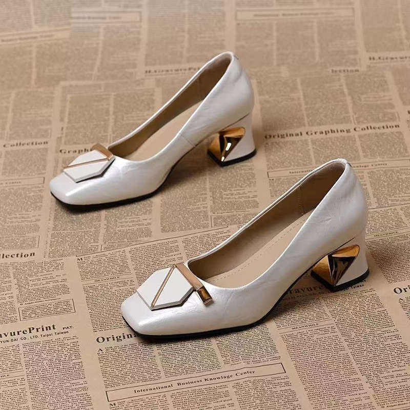 Ladies Spring And Autumn French Square Toe Shallow Mouth Thick Heel High Heels 35