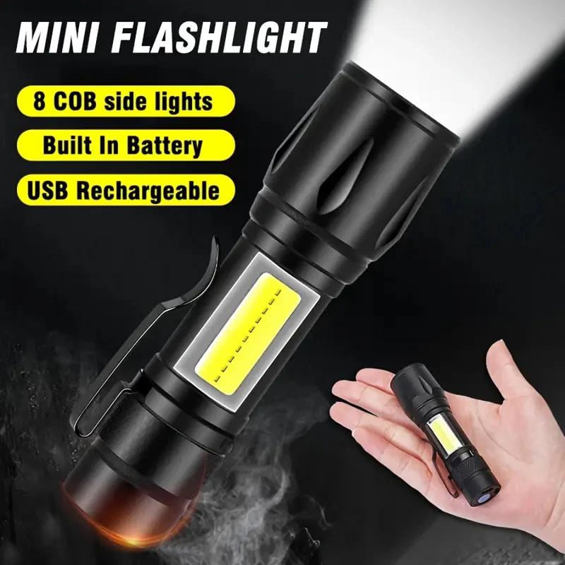 Powerful Mini LED Flashlight COB XPE Zoom Torch Built-in Battery USB Rechargeable with Pen Clip for Outdoor Camping Hiking Emergency Daily Use Light