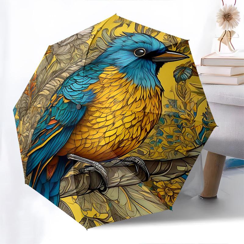 

1pc Elegant Blue Bird Floral Print Automatic Folding Umbrella, Portable 3-Fold Design with Iron Frame, Perfect for Outdoor Use, Festive Gifts, Travel,