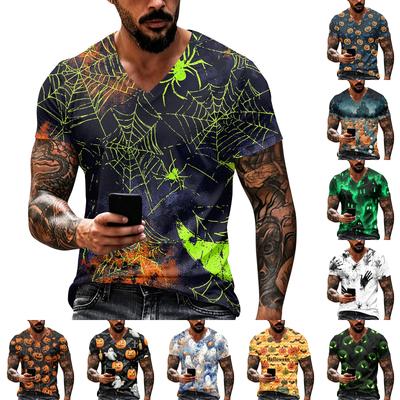 Men Casual V Neck Short Sleeve Shirt Lightweight Breathable Fabric Halloween Themed Print Pumpkin Ghosts Bats Cross Candle Design