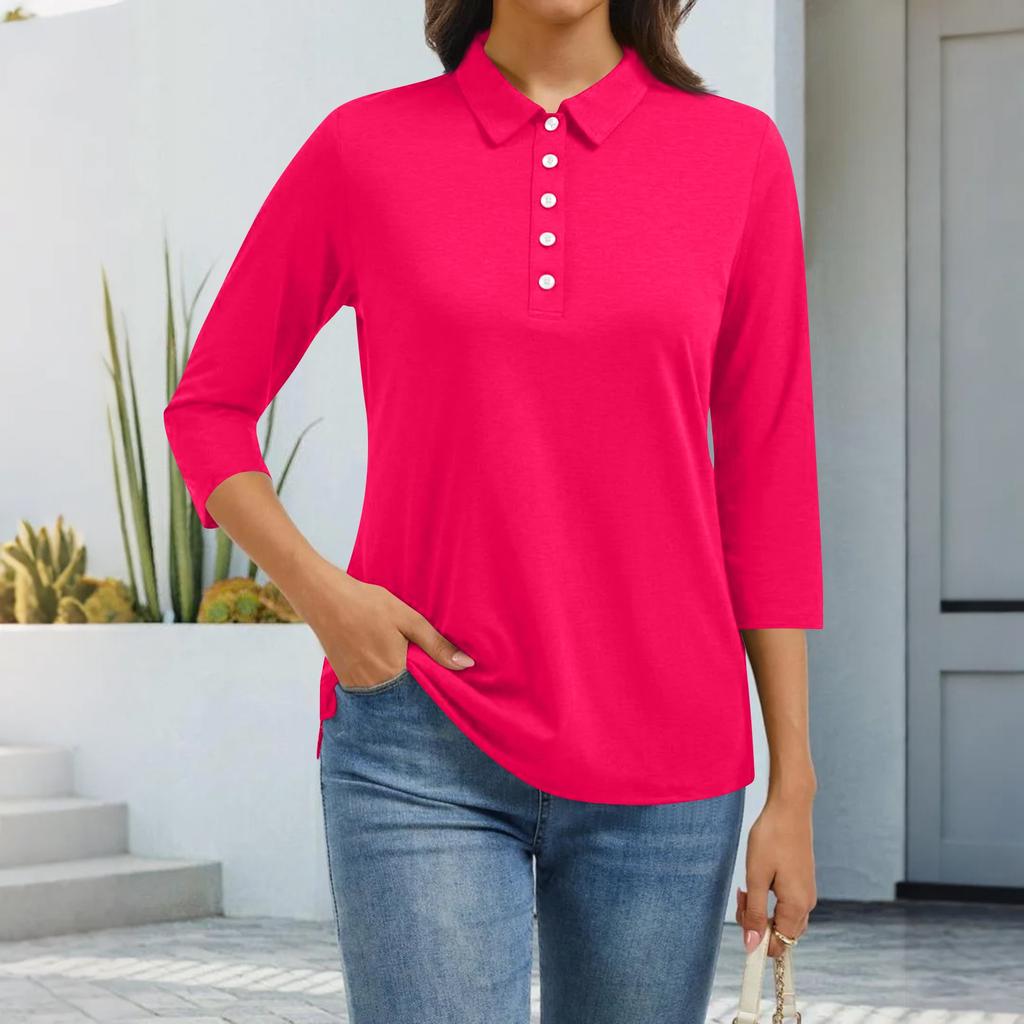 Women's Fashion Casual Lapel Short 3/4 Sleeve Solid Color Shirt Women's Button Up Tops