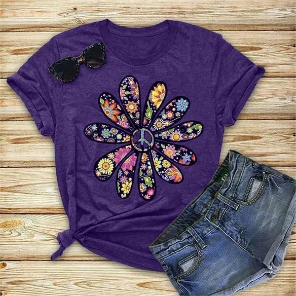 Colorful Daisy Petal Print T Shirt Women Short Sleeve O Neck Loose Tshirt Summer Women Tee Shirt Tops Camisetas Mujer