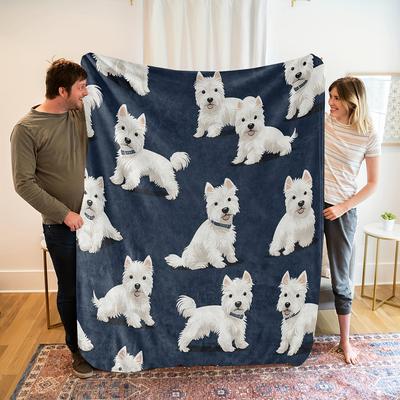 Dog Themed Gift Blanket Navy Blue White Design Machine Washable Durable for Home Decor
