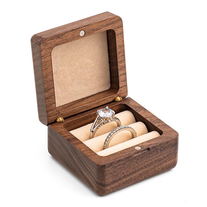In-Stock Walnut Wood Double Engagement Ring Box - Solid Mini Jewelry Box with Engraved Pattern