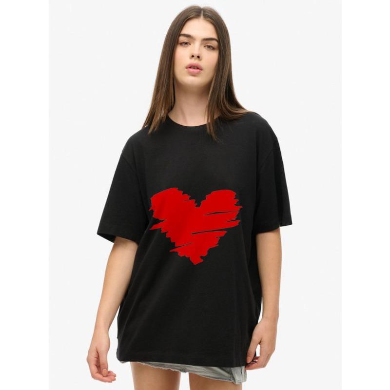 Damen Kurzarm-T-Shirt mit rotem Pinselstrich-Herz-Print