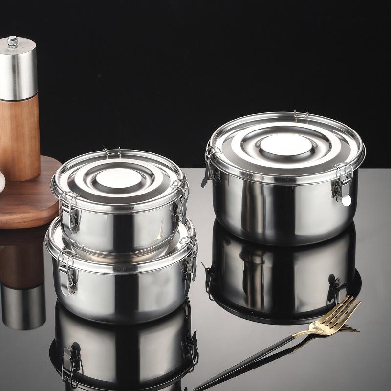 Stainless Steel Round Lunch Box Portable Sealed Microwave Bento Box with Buckle Leakproof Food Container Fresh-Keeping Box